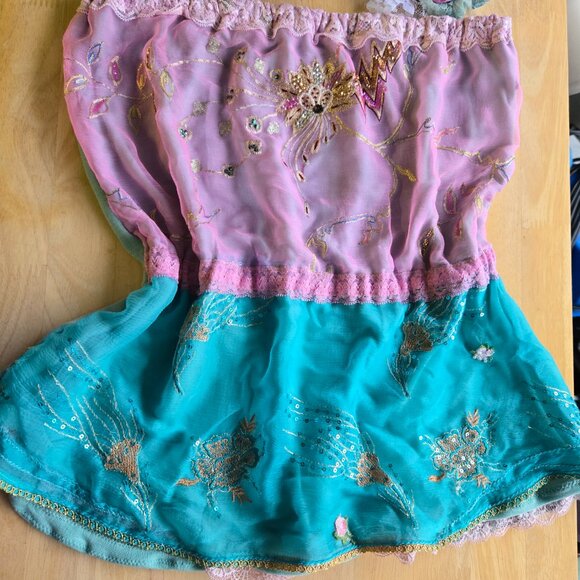 Handmade Tube Top Embroidered Sequins Flowers Vintage Romantic Blouse - Picture 4 of 13